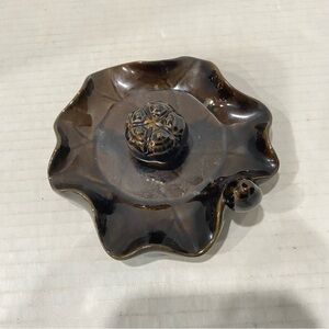 Boho Lily Pad Incense Burner Lotus Brown with Green Retro Ceramic